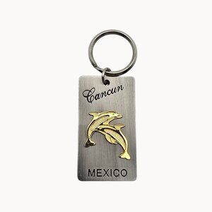 Silver/Gold Toned Square Rectangular Dolphin Cancun Mexico Keychain Souvenir